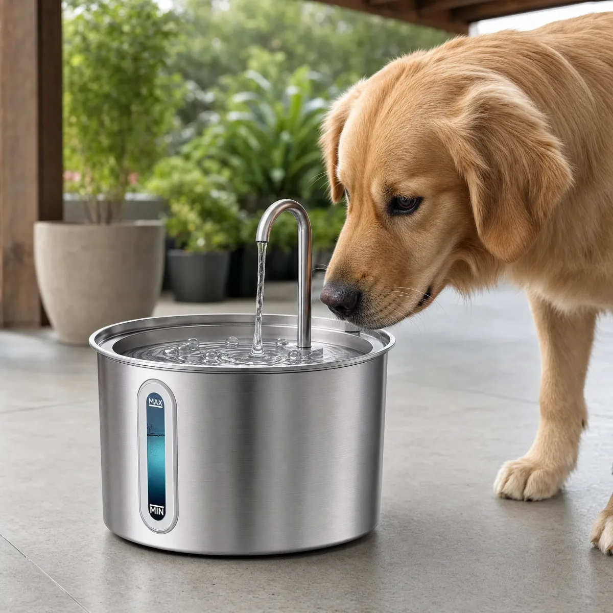 Flusso d'acqua continuo che cade dal beccuccio della fontanella per cani